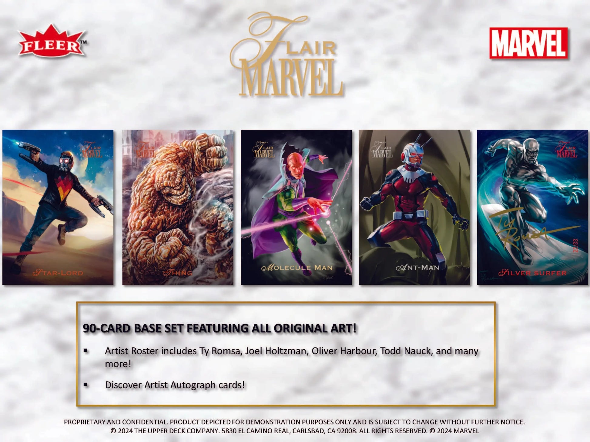 Trading card promotional image featuring Marvel superheroes in Upper Deck 2024 Hobby Box