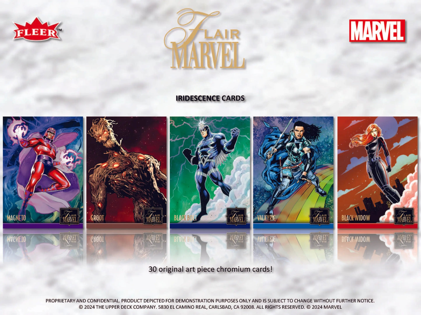 Upper Deck 2024 Marvel Flair Hobby Box showcases iridescent Marvel superhero trading cards