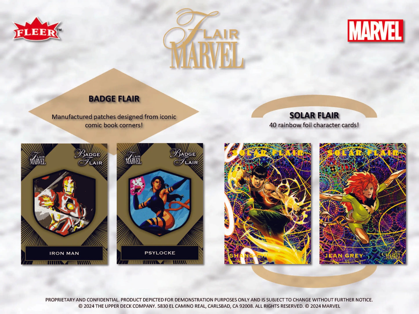 Trading card display featuring Marvel superhero badges in Upper Deck 2024 Flair Hobby Box