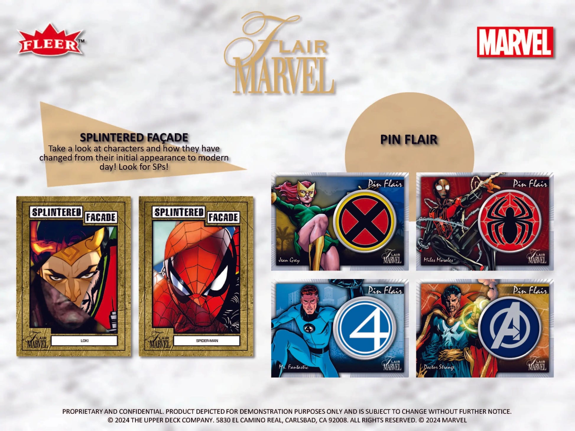 Marvel-themed collectible pin and card display in Upper Deck 2024 Flair Hobby Box