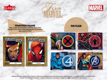 Marvel-themed collectible pin and card display in Upper Deck 2024 Flair Hobby Box