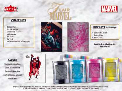 Upper Deck 2024 Marvel Flair Hobby Box sell sheet showcasing trading cards and chase cards