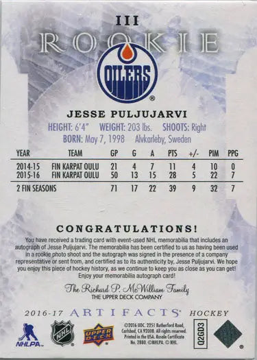 Jesse Puljujarvi Upper Deck Artifacts Hockey trading card with statistics and accolades