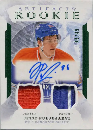 Signed Jesse Puljujarvi Upper Deck Artifacts Rookie Auto Patch Card with jersey swatch