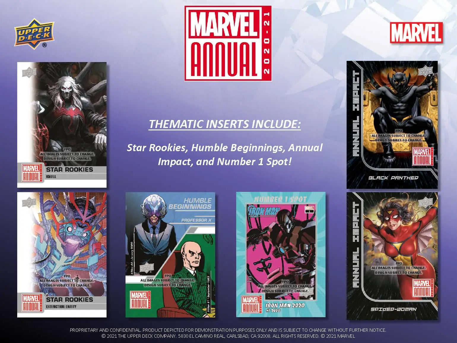 Advertisement for Upper Deck Marvel Annual trading cards showcasing superhero character inserts