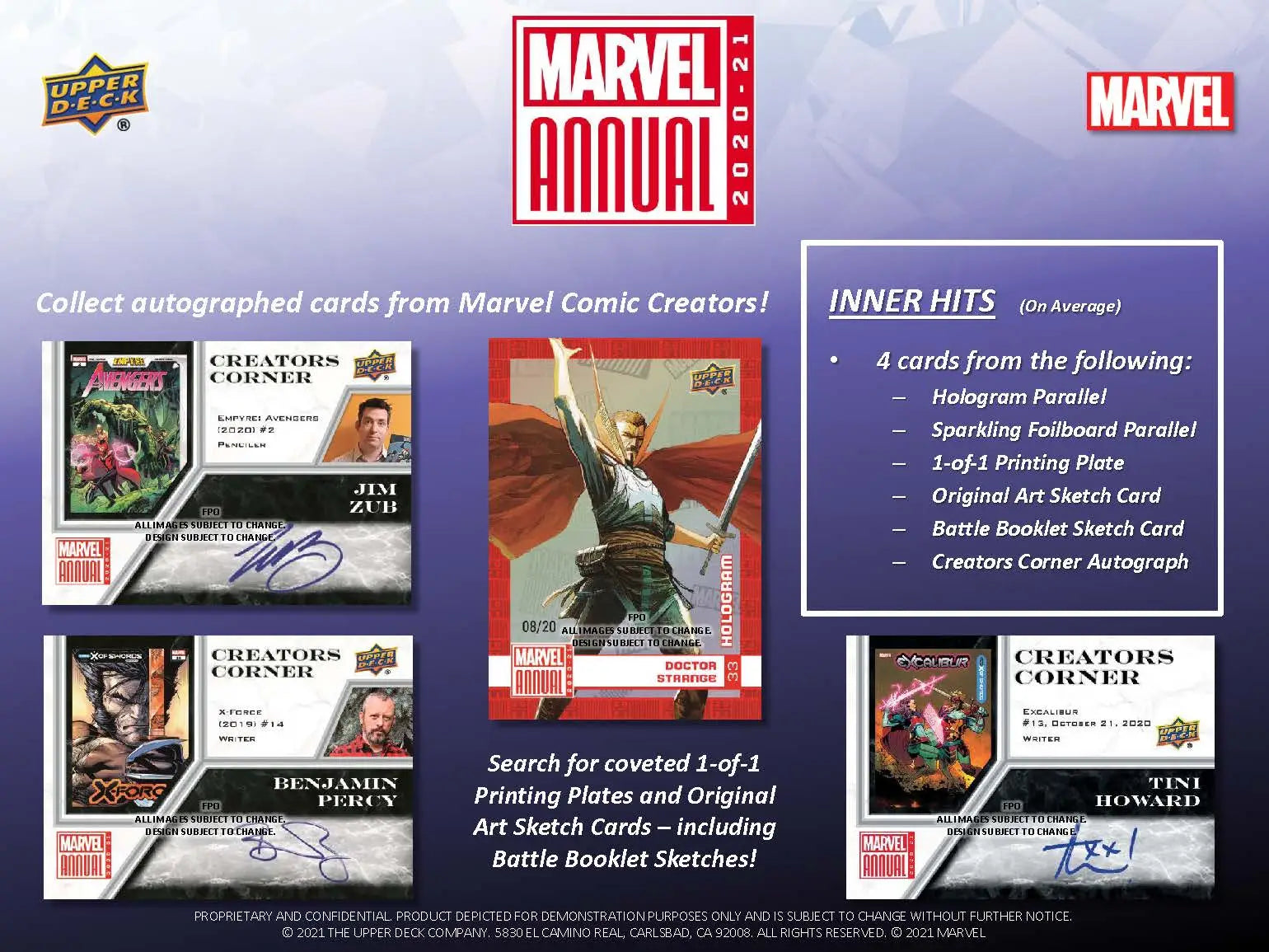 Advertisement for Upper Deck Marvel Annual trading cards with autographed comic creator cards