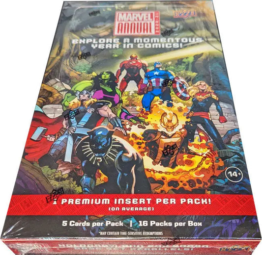 Marvel Annual trading card box by Upper Deck featuring iconic superhero artwork