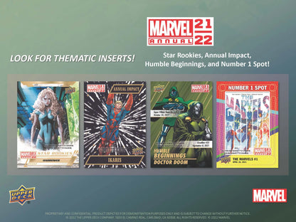 Advertisement for Upper Deck Marvel Annual trading cards with comic book covers and themes