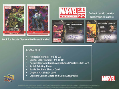 Advertisement for Upper Deck Marvel Annual trading cards showcasing chase hits and autographs