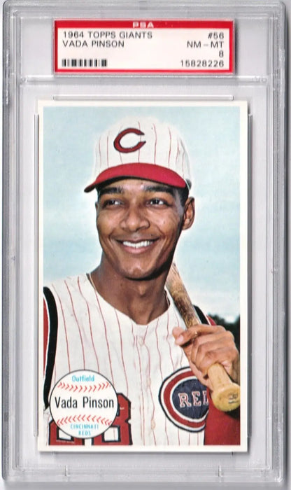 PSA-graded Vada Pinson 1964 Topps Giants #56 baseball card with pinstriped uniform