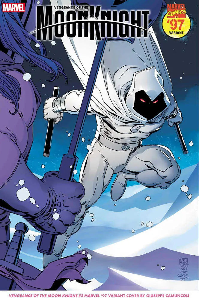 White-cloaked Moon Knight superhero leaps with staff in Vengeance Of The Moon Knight 2