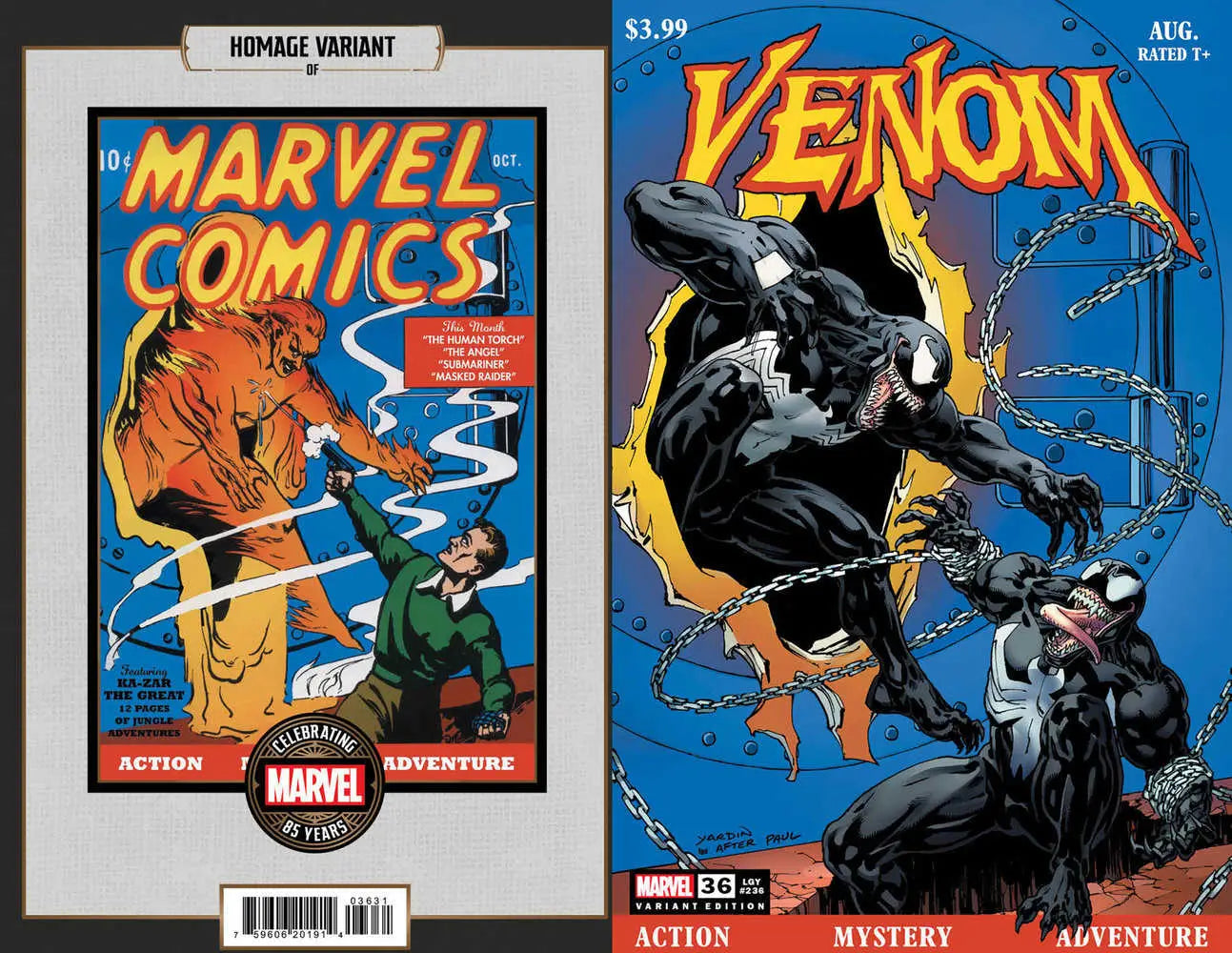 Two Marvel comic book covers showcasing Venom War and Dylan Brock in vintage and modern styles