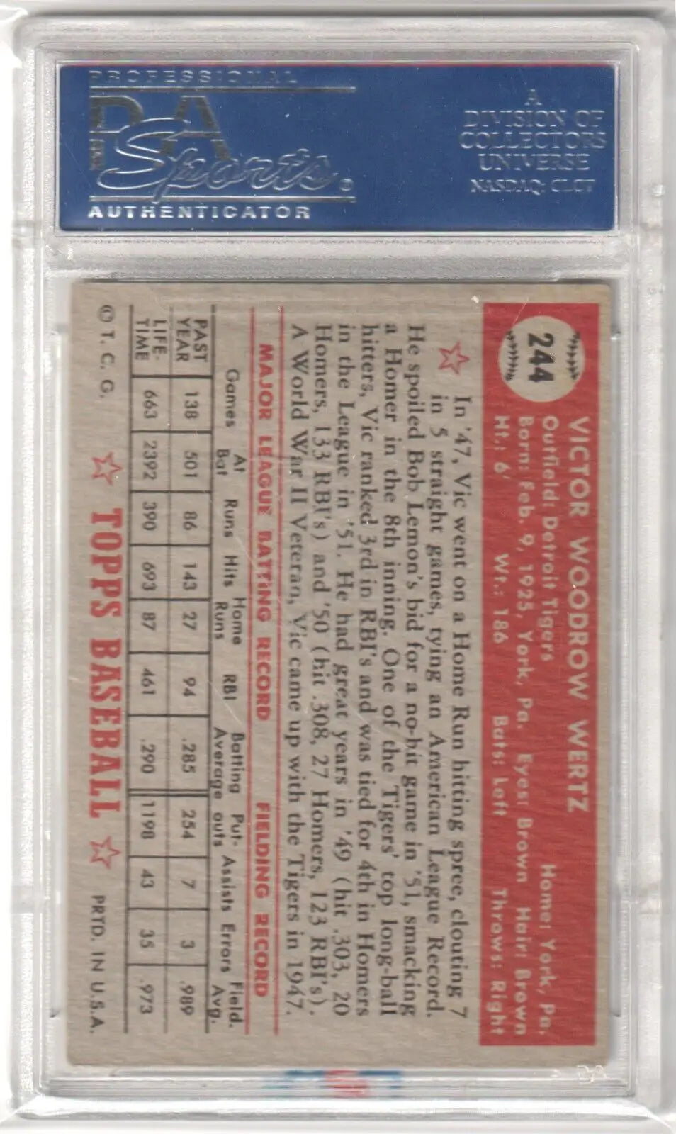 Vintage VIC WERTZ 1952 Topps #244 baseball card in protective holder from Columbia Hobby