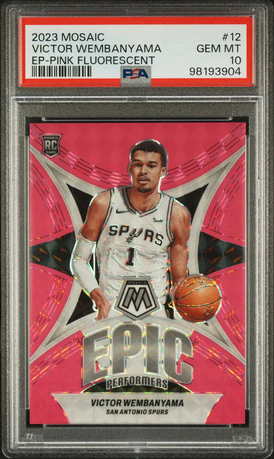 Graded Victor Wembanyama basketball card from Columbia Hobby, Panini Mosaic Epic Pink Fluorescent PSA