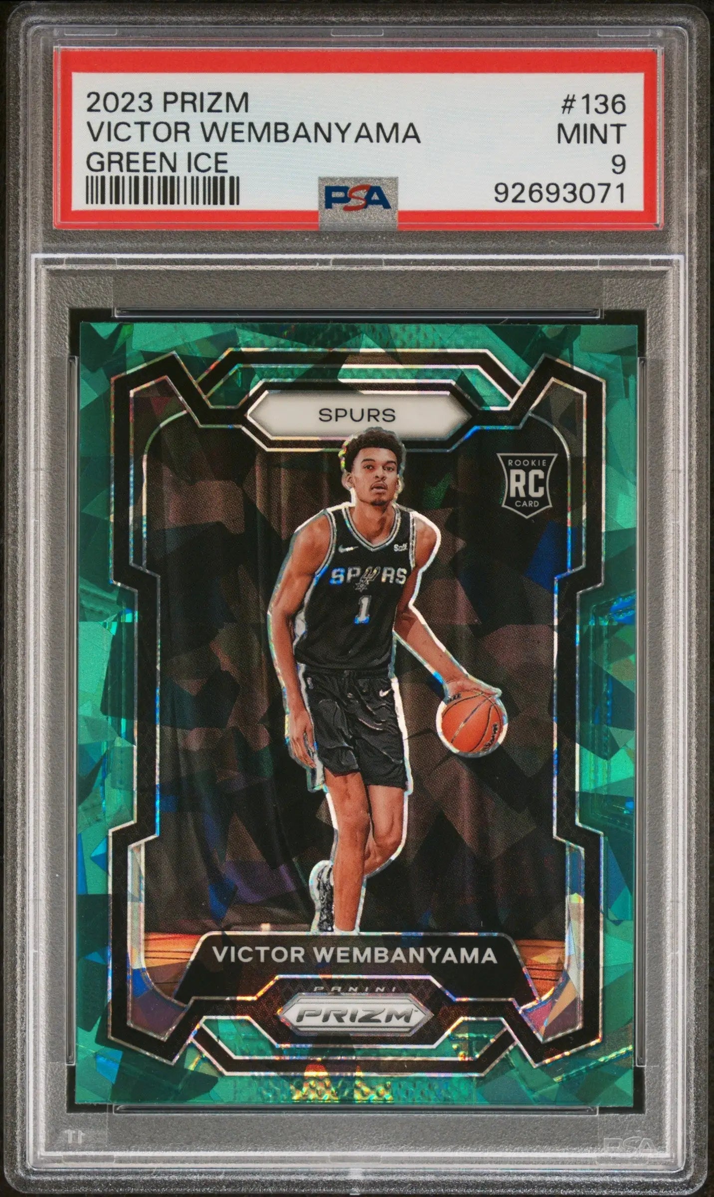 Victor Wembanyama 2023 Panini Prizm Green Ice PSA 9 Mint basketball card with black uniform