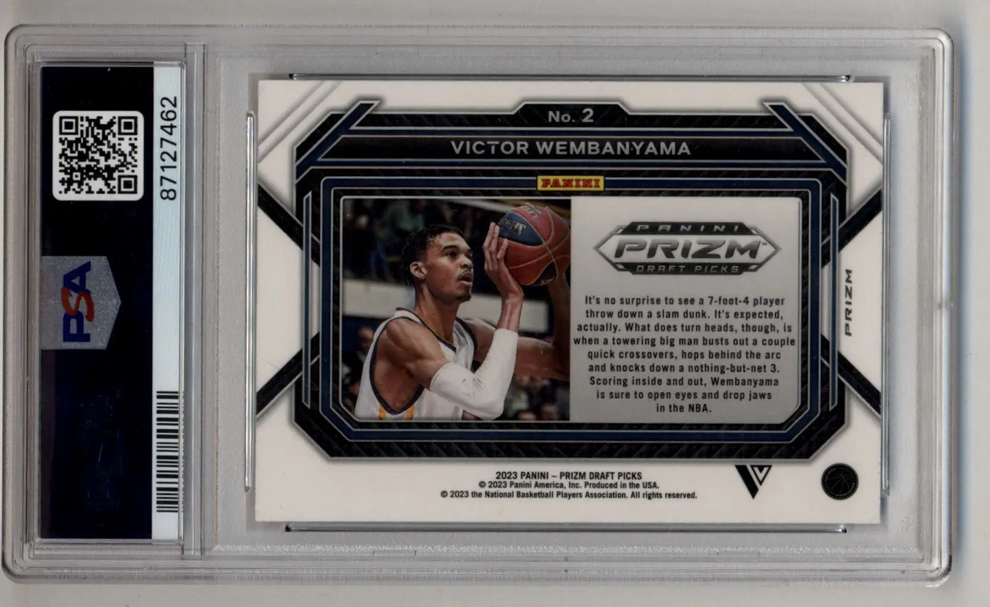 Basketball trading card in protective case, featuring Victor Wembanyama Prizm Draft Picks Variation Purple Wave PSA 10 Gem Mint