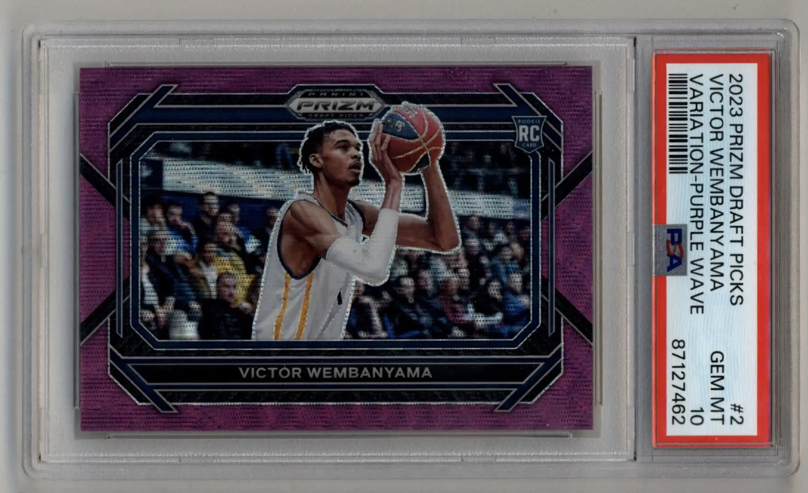 PSA-graded Victor Wembanyama 2023 Prizm Draft Picks Variation #2 Purple Wave Gem Mint card