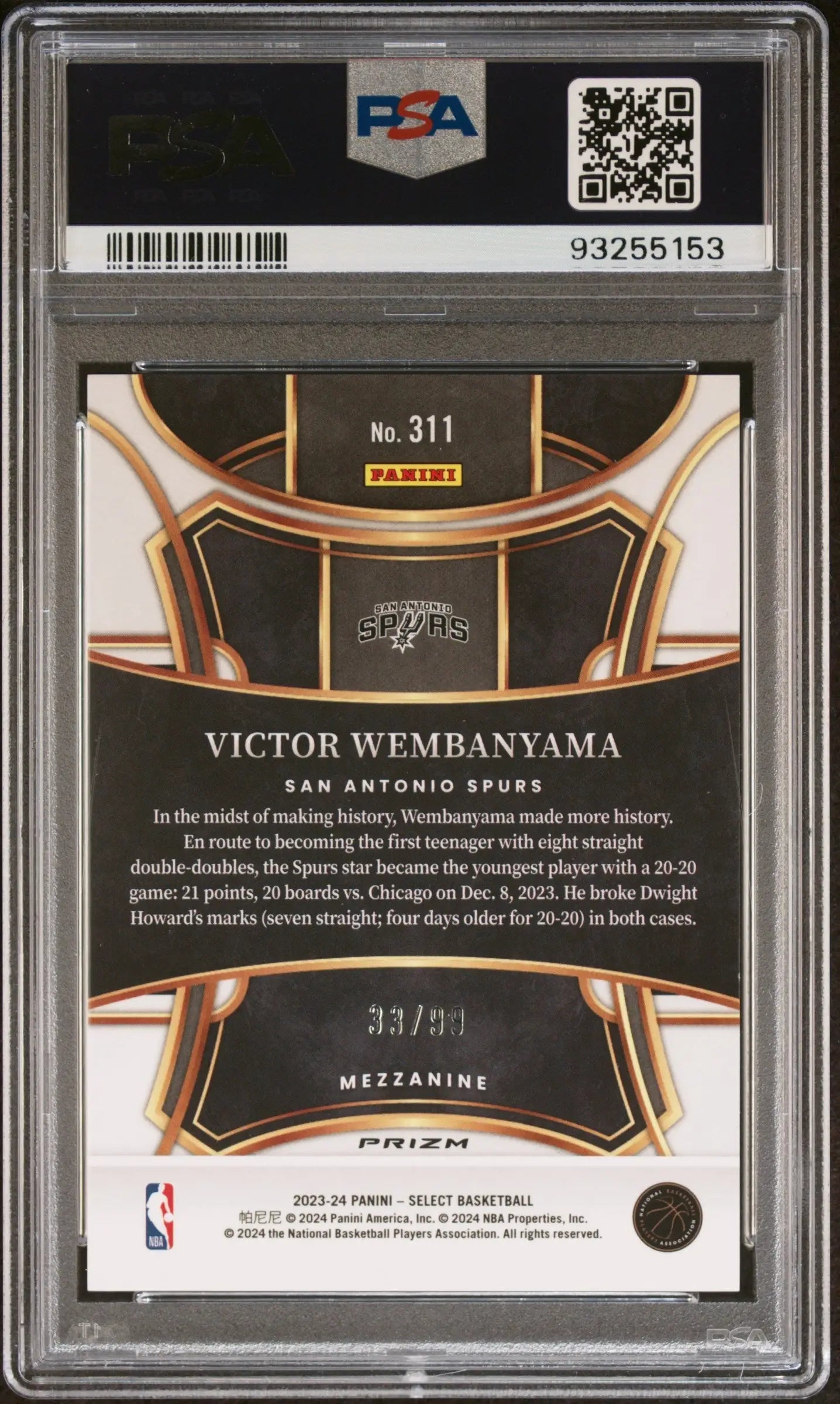 Back of Victor Wembanyama 2023 Select #311 Pink Cracked Ice card in gem mint condition