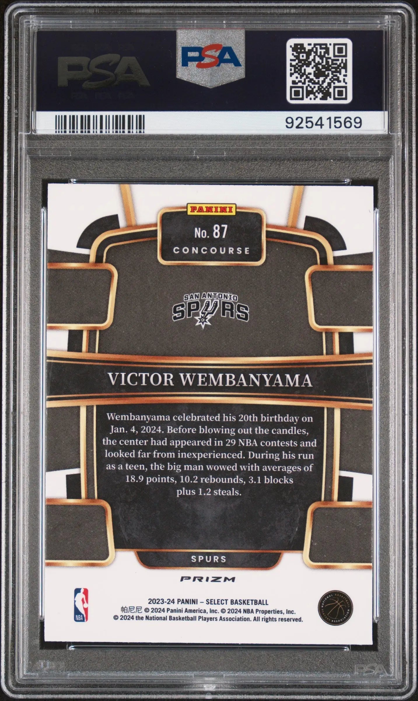 PSA-graded Victor Wembanyama 2023 Select #87 Blue Cracked Ice card back design