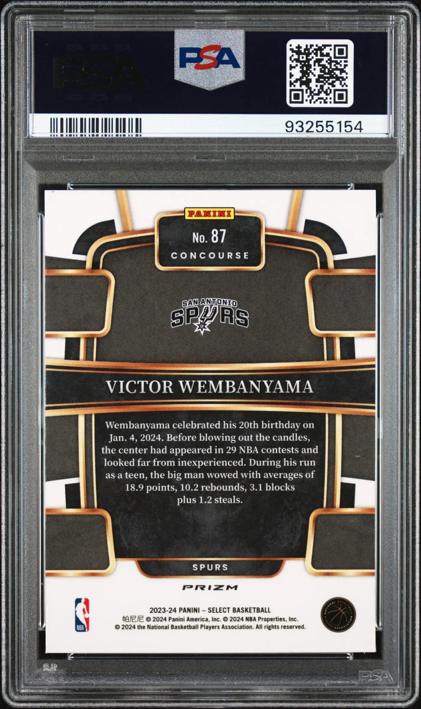 Victor Wembanyama 2023 Select #87 Tectonic PSA 10 Gem Mint basketball trading card