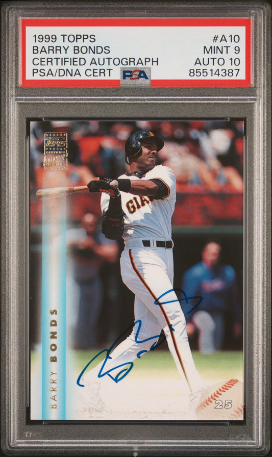 PSA-graded Barry Bonds 1999 Topps Autograph #A10 with action shot at bat