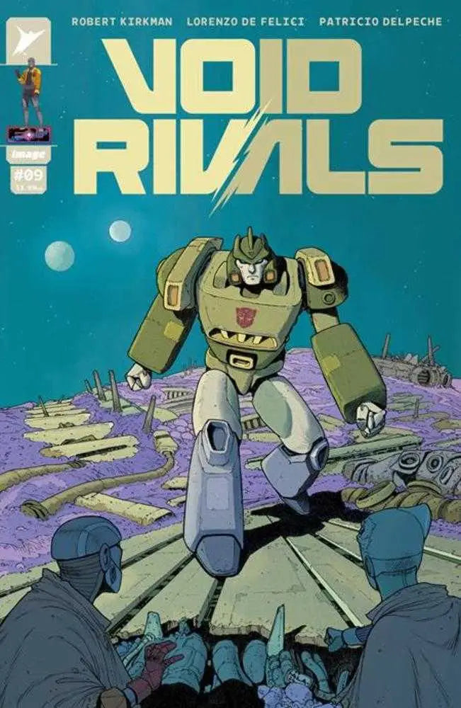 Military robot in combat stance on Void Rivals #9 trading card cover design