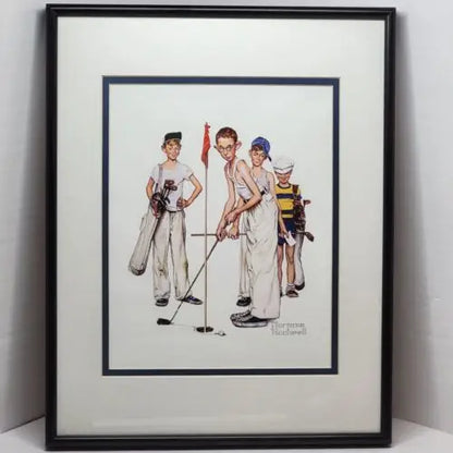 Framed Norman Rockwell illustration of Sporting Boys golfers with clubs and bags