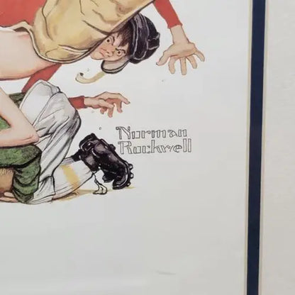 Vintage Norman Rockwell illustration of sporting boys tripping over a roller skate