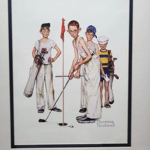 Norman Rockwell illustration of Sporting Boys golfing at a putting green with clubs