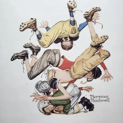 Norman Rockwell illustration of sporting boys wrestling in a chaotic pile for trading cards