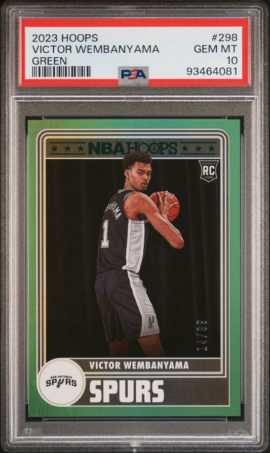 Victor Wembanyama 2023 Hoops Gem Mint PSA 10 rookie card in Spurs uniform holding basketball