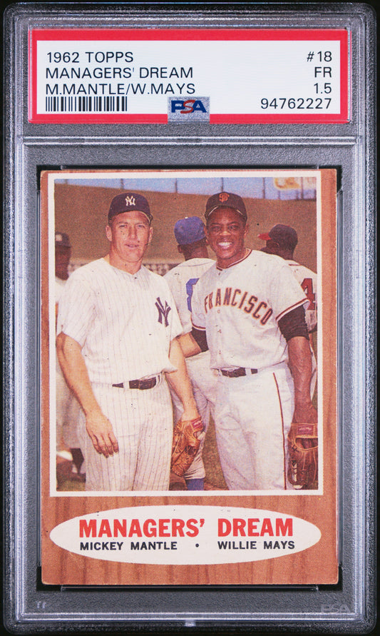 1962 Topps Managers Dream card of Mickey Mantle and Willie Mays in protective holder