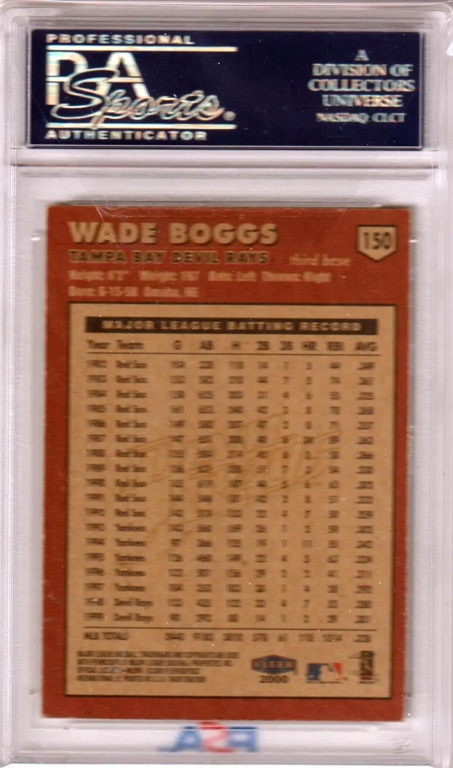 PSA-graded Wade Boggs 2000 Fleer Auto baseball card with stats in brown/orange colors