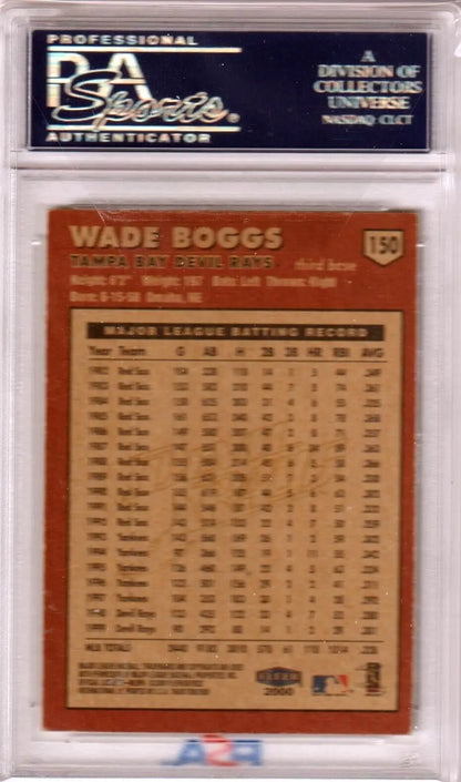 PSA-graded Wade Boggs 2000 Fleer Auto baseball card with stats in brown/orange colors