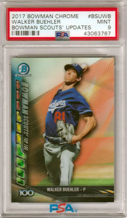 PSA-graded Walker Buehler 2017 Bowman Chrome Rookie card for Dodgers on orange background