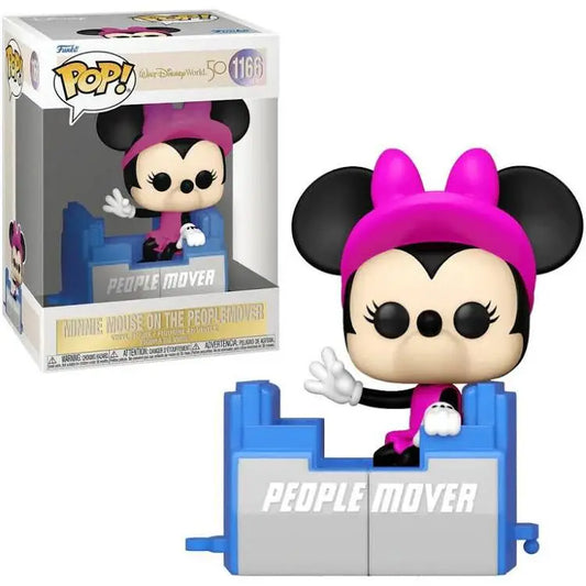 Funko Pop figure of Minnie Mouse on blue Peoplemover at Walt Disney World 50th