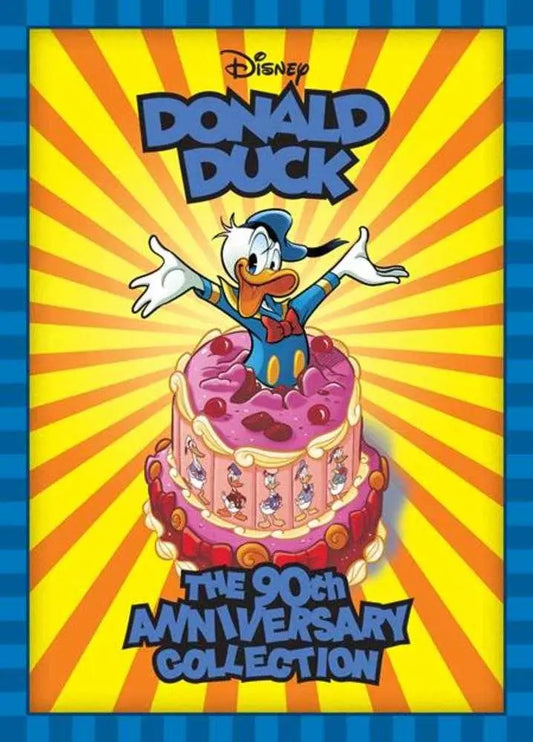 Donald Duck atop a pink two-tiered birthday cake for the 90th Anniversary Collection