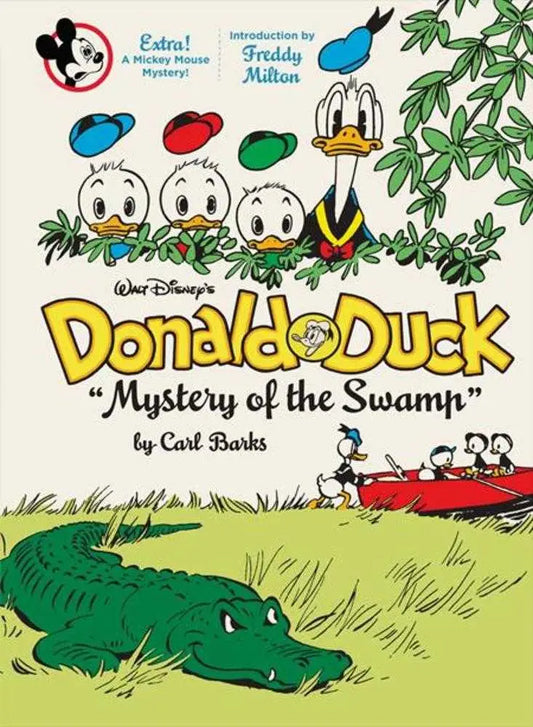 Comic book cover of Donald Duck and nephews meeting an alligator in a swamp by Carl Barks