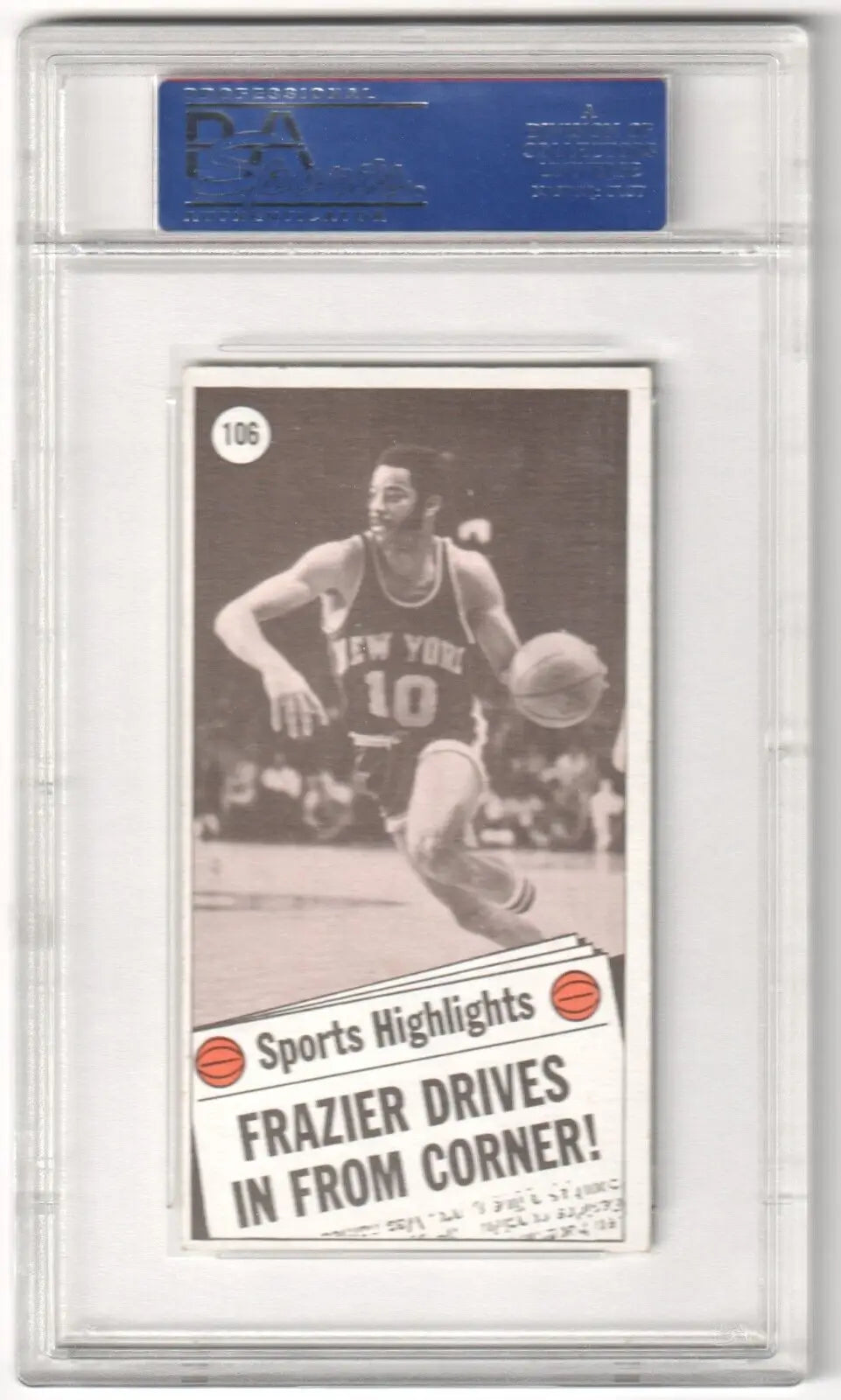 Vintage WALT FRAZIER New York Knicks trading card, black and white dribbling action