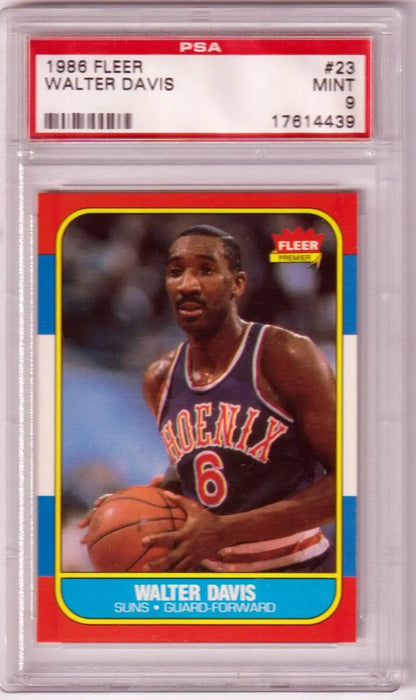 PSA 9 Mint Walter Davis 1986-87 Fleer card showcasing Phoenix Suns player with basketball