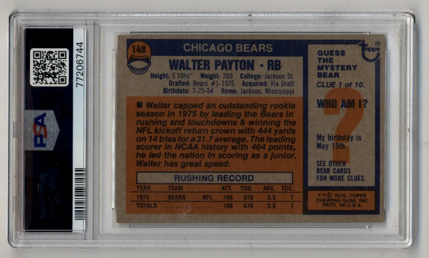 Vintage Walter Payton trading card in protective case, 1976 Topps #148 PSA 4