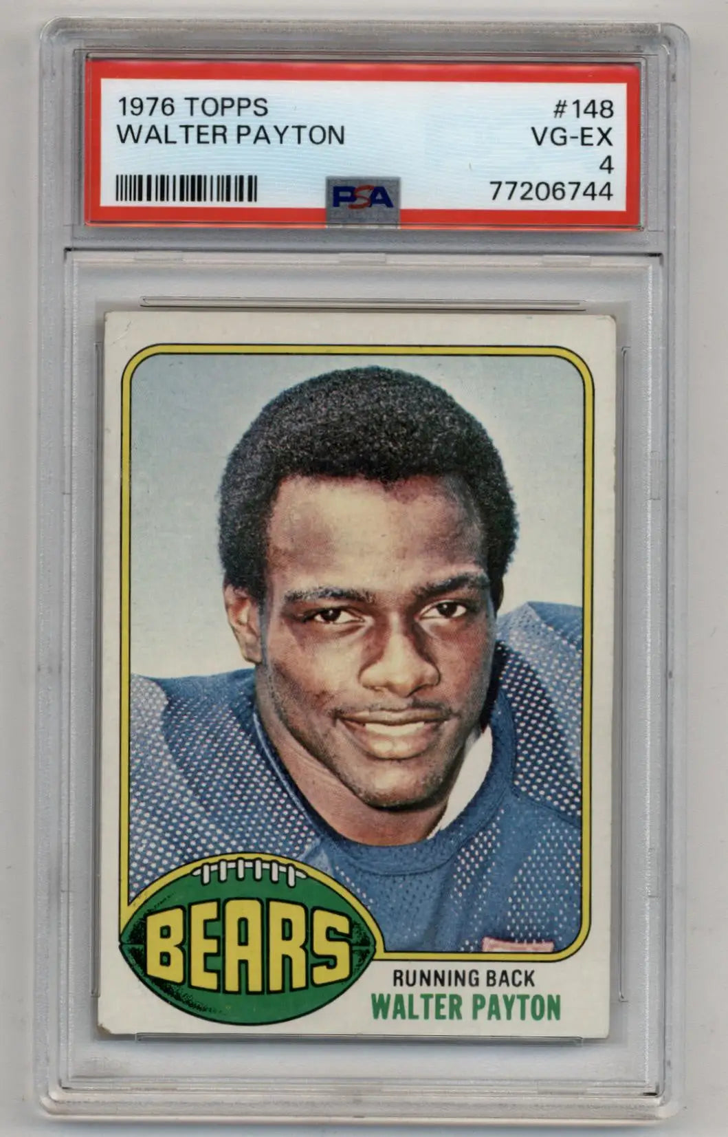 PSA-graded Walter Payton 1976 Topps trading card in protective case for collectors