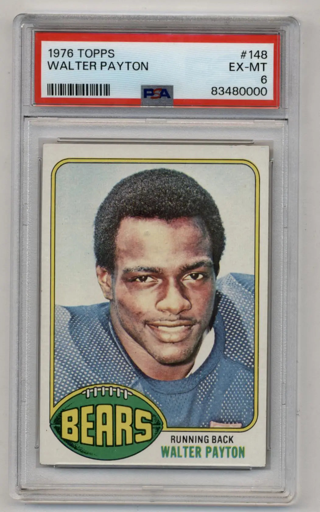 PSA-graded Walter Payton 1976 Topps football card in protective case for collectors