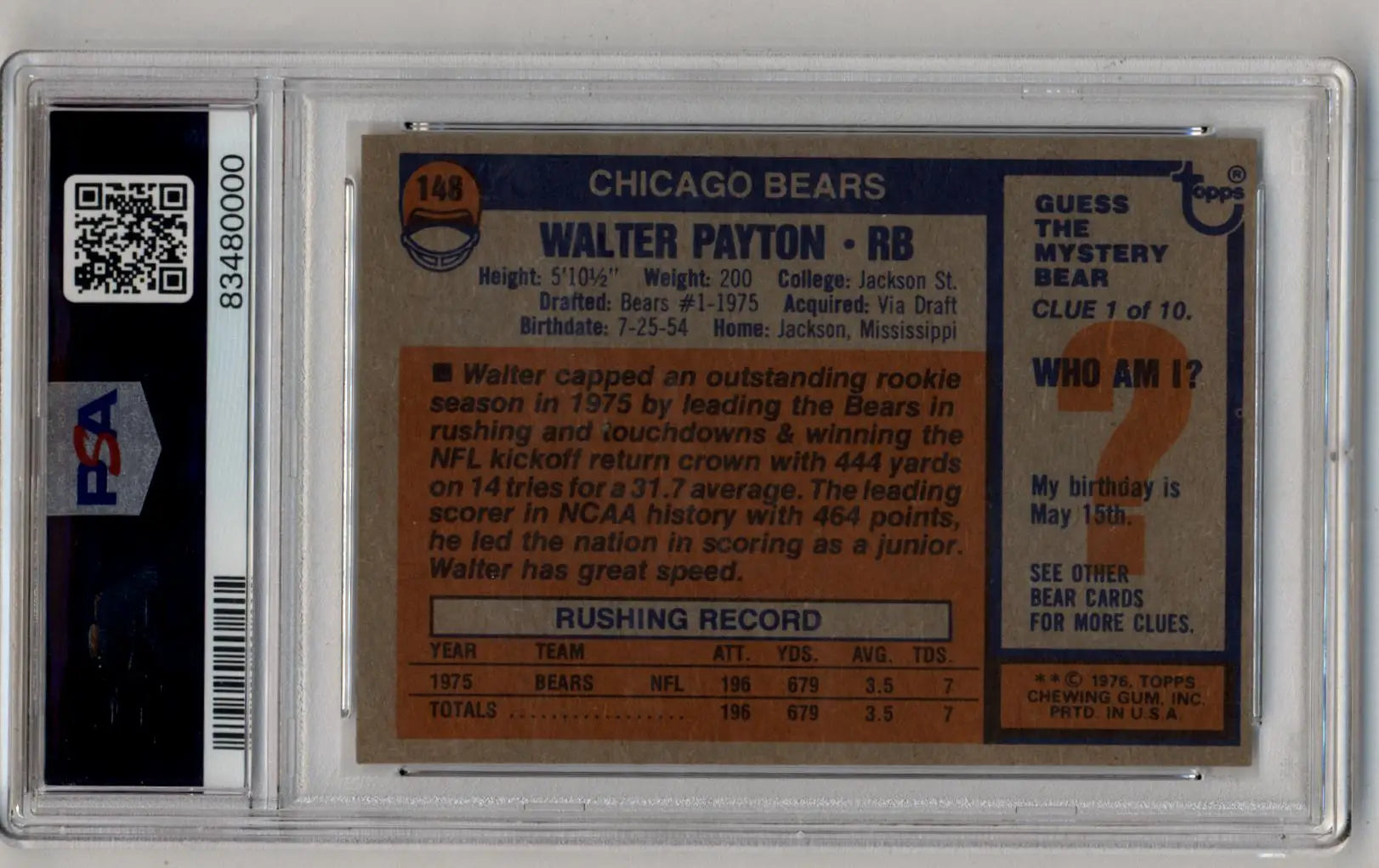 PSA-graded 1976 Topps Walter Payton rookie football card in protective case