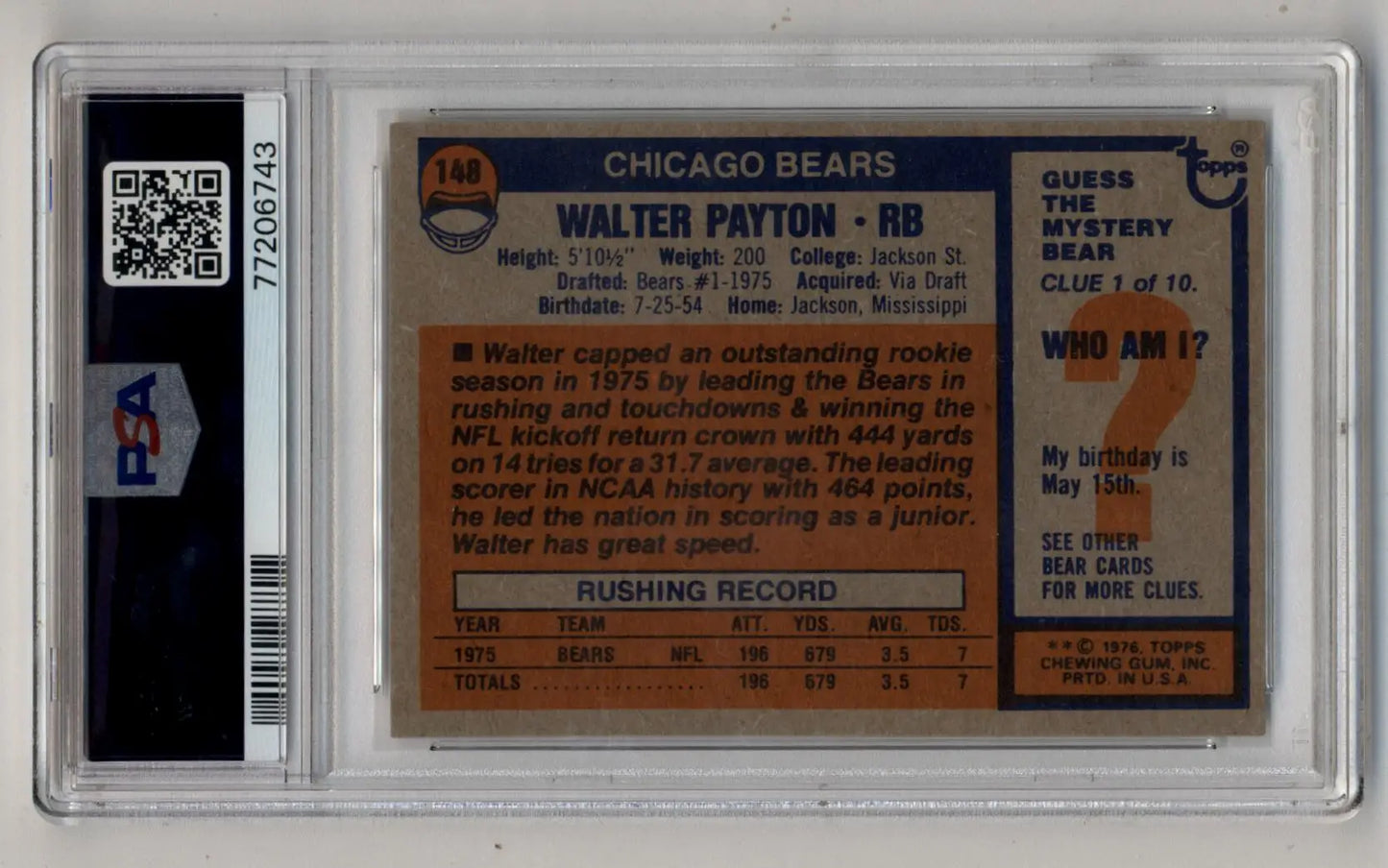 Vintage Walter Payton Chicago Bears trading card in protective case for collectors