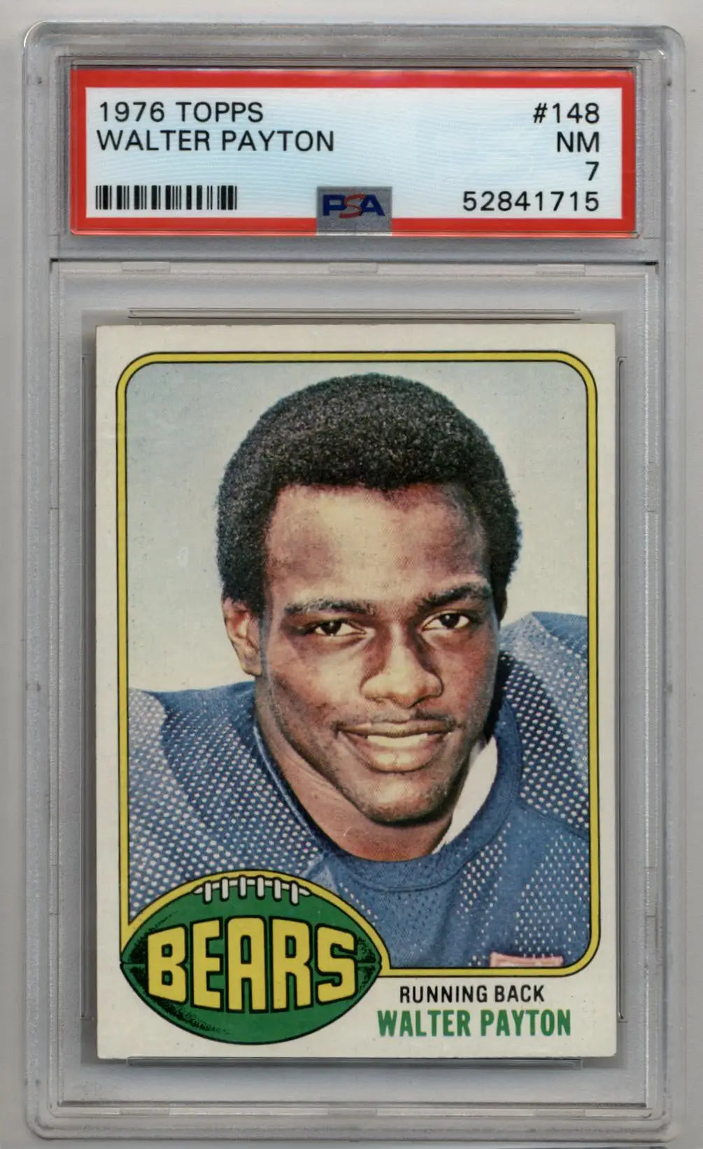 Walter Payton 1976 Topps #148 PSA 7 trading card in protective grading case