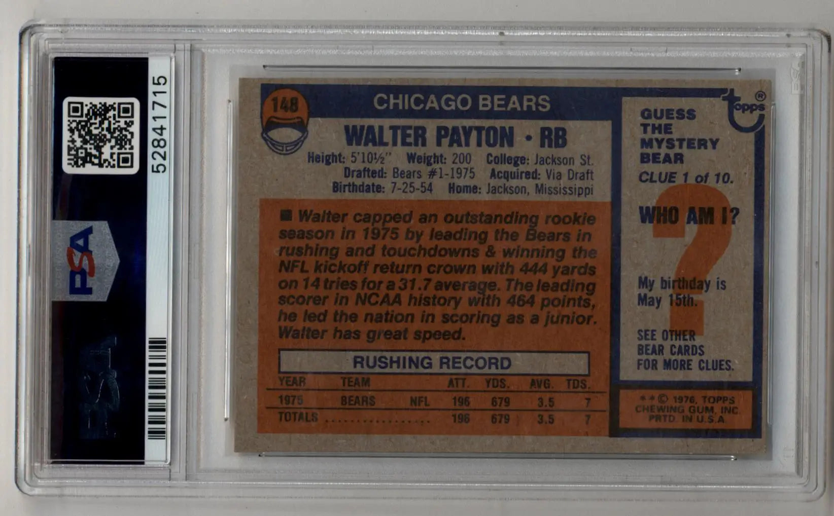 Walter Payton 1976 Topps #148 trading card in protective case, PSA 7 Near Mint condition