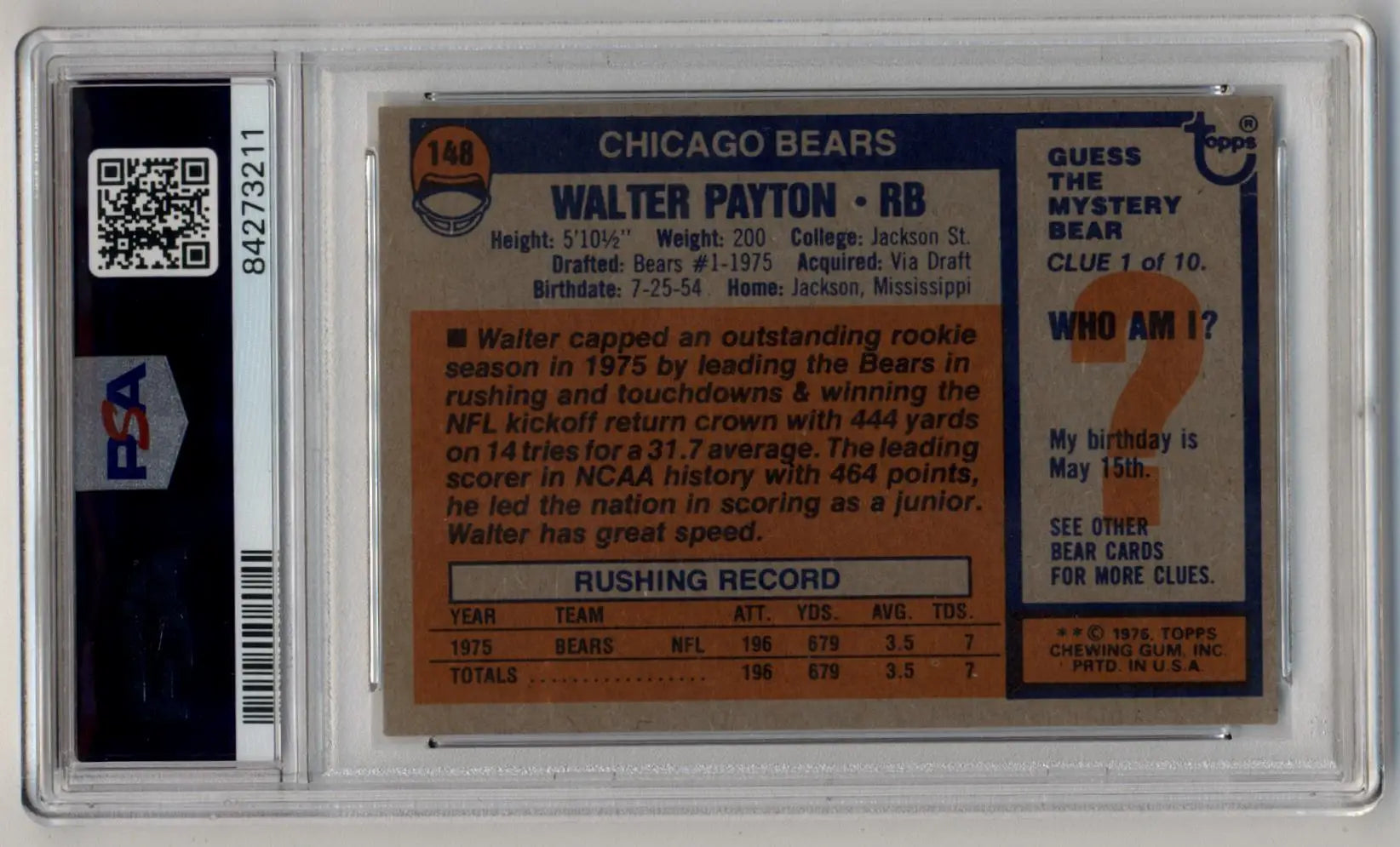 Walter Payton 1976 Topps Rookie PSA 5 trading card in protective case