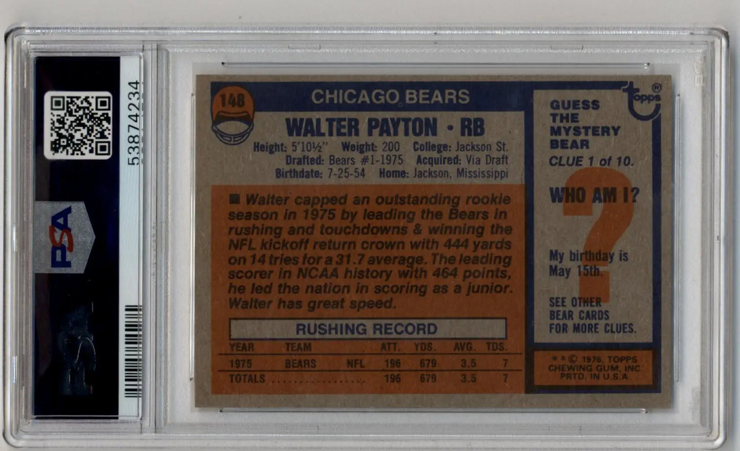 Graded Walter Payton 1976 Topps Rookie #148 trading card in protective case