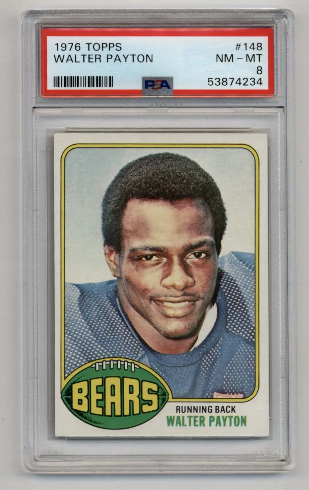 PSA-graded Walter Payton 1976 Topps Rookie #148 football card in protective case